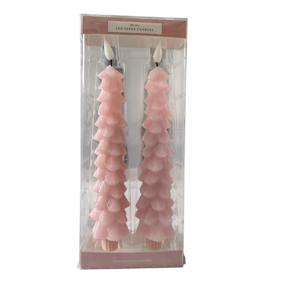 Cupcakes & Cashmere Pink Christmas Tree LED Taper Candles w/ Timer Set of 2 NEW